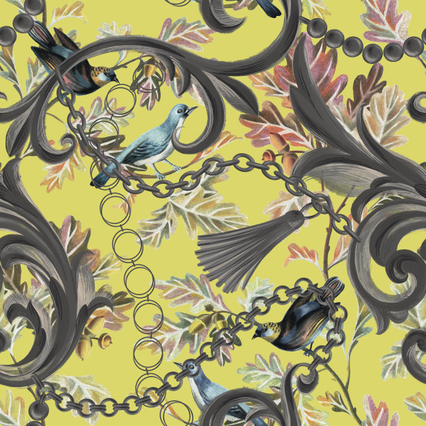 时尚无缝图案与巴洛克洛可可镶边框架元素与动物动物群鸟类纹理混合图片下载