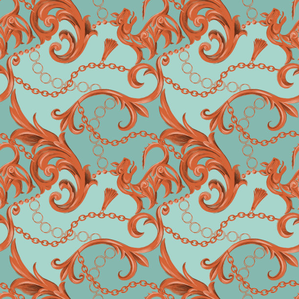 时尚无缝图案与狮鹫链，配饰，珠宝和巴洛克洛可可边框元素。图片下载