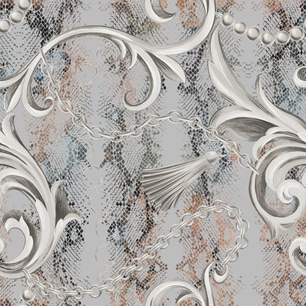 时尚无缝图案与巴洛克洛可可镶边框架元素混合动物皮蛇纹纹理图片下载