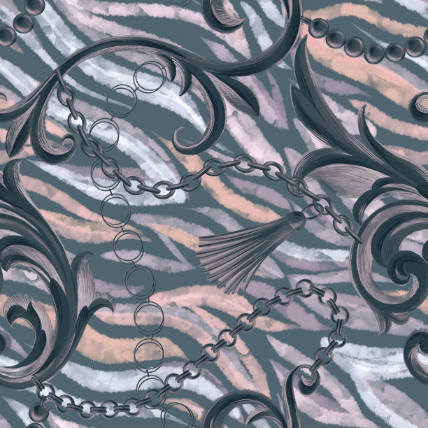 时尚无缝图案与巴洛克洛可可边框元素与动物皮斑马纹纹理混合图片下载