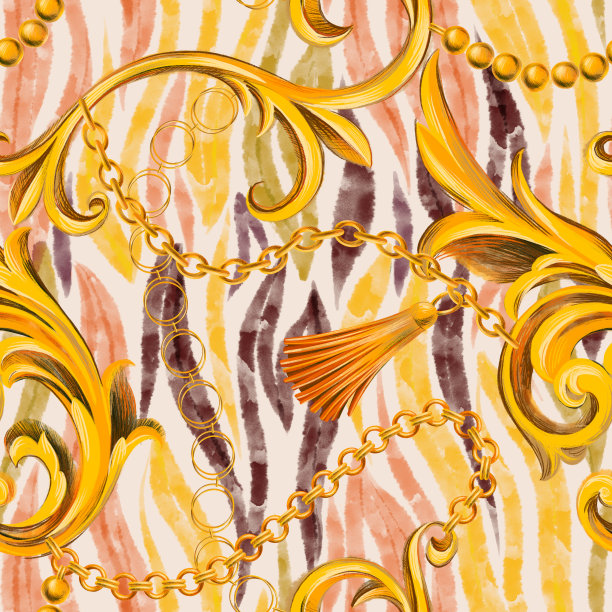 时尚无缝图案与巴洛克洛可可镶边框架元素混合斑马条纹动物皮肤纹理图片下载