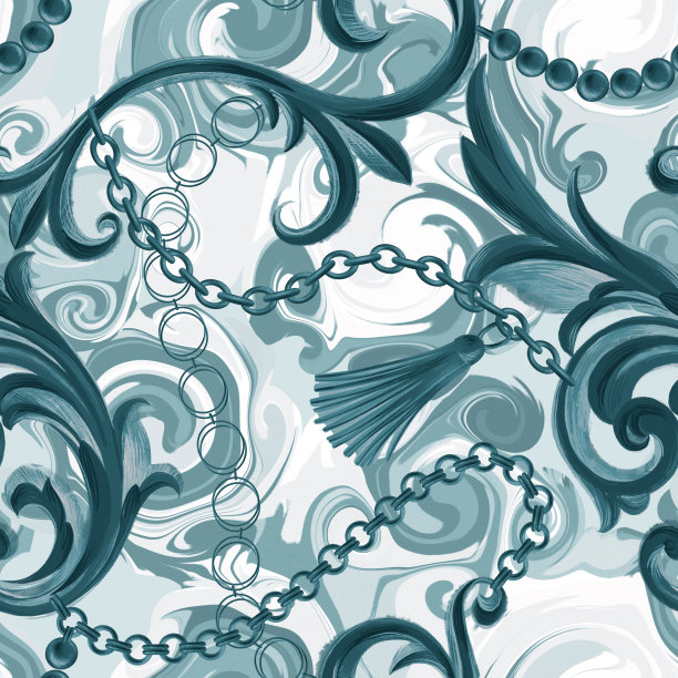 时尚无缝图案与巴洛克洛可可边框元素与抽象笔触漩涡纹理混合图片下载