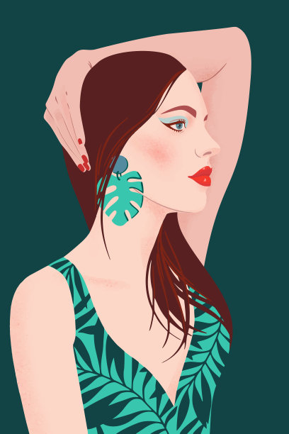一个长头发和大耳环的女孩的肖像。绿底色上亮妆的漂亮女人。平面向量插图。时尚模特摆姿势，美女看。素材图片