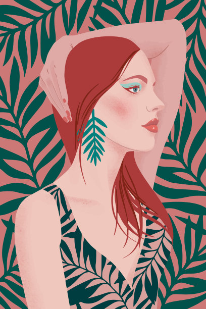 一个长头发和大耳环的女孩的肖像。热带背景下浓妆艳抹的漂亮女人。平面向量插图。时尚模特摆姿势，美女看。图片下载