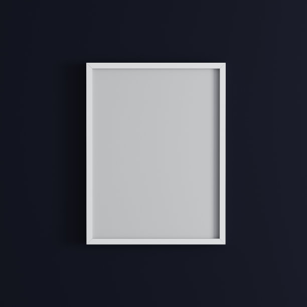 空白的框架在深蓝色的墙模拟起来，垂直的黑色海报框架在墙上，画框孤立在墙上，模拟的照片或相框，空的框架在明亮的墙壁，3d渲染图片下载