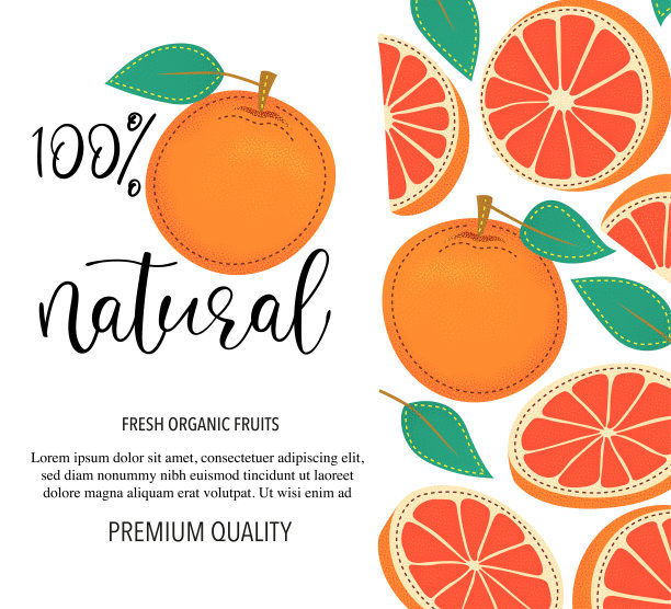 矢量背景与橙色，整体和块。矢量股票插图孤立在白色背景。卡片设计与水果。产品信息及文字“100%天然”。图片下载