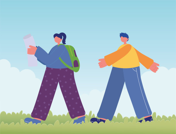 带着地图和背包的少年和走在草地上的男孩素材图片