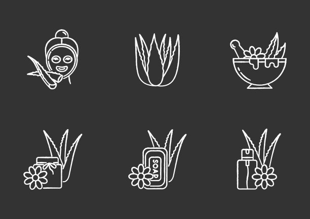 芦荟粉白色图标设置在黑色背景。保湿面膜的作用。温泉治疗。皮肤科的中草药。化妆品喷雾，植物皂。孤立矢量黑板插图图片下载