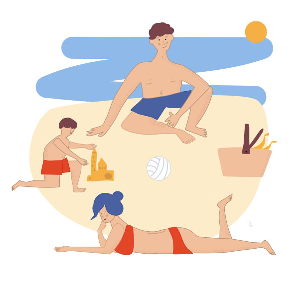 一家人在海滩上野餐。妈妈和爸爸和他们的孩子在海边玩。带着孩子的父母在海边开心地吃着食物。一个孩子在堆沙城堡。矢量插图在手绘风格图片下载