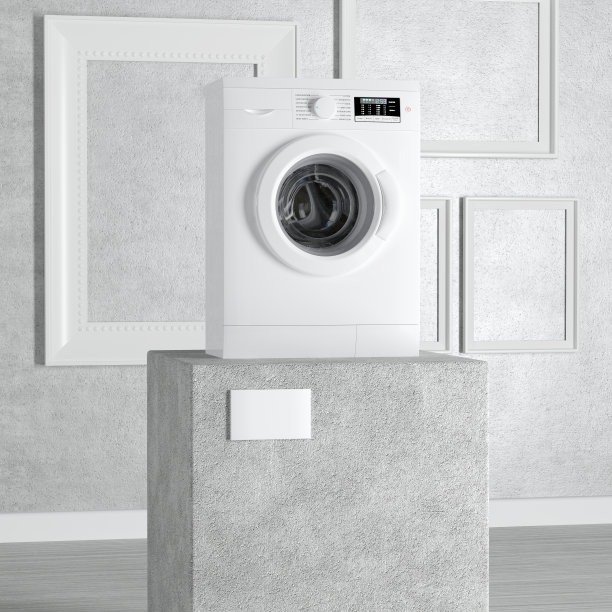 现代白色洗衣机在画廊或博物馆的基座，舞台，讲台或柱子上。3d渲染图片下载