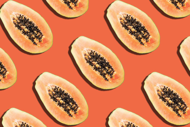 无缝图案与木瓜。热带抽象背景。前视图。创意设计，最小平铺概念。夏天的时间。热带旅游，异国情调的木瓜水果。素食和素食食品图片下载