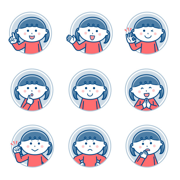 女孩面部表情圆圈图标变化1 /两种颜色图片下载