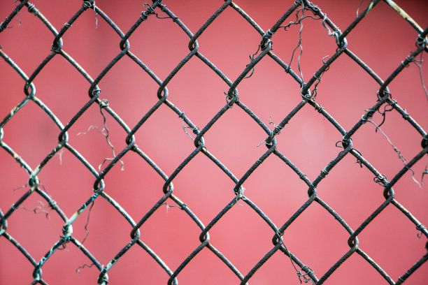 红色背景上的金属网特写。素材图片