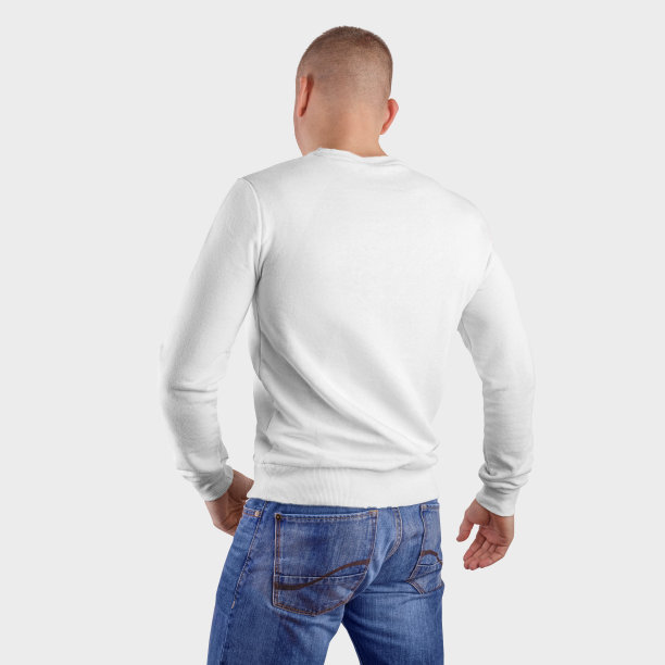 模板男纺织石南花在一个男人，背面，为展示设计和图案。白色套衫的模型孤立的背景。图片下载