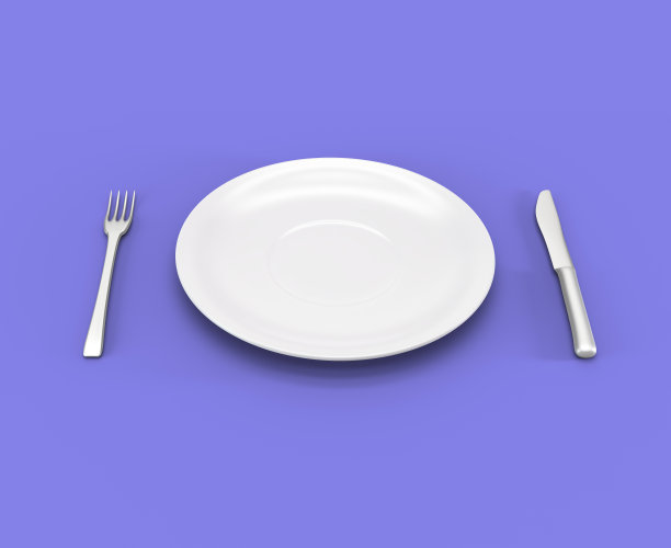 空餐盘，叉子和刀孤立在紫罗兰背景，3d渲染图片下载