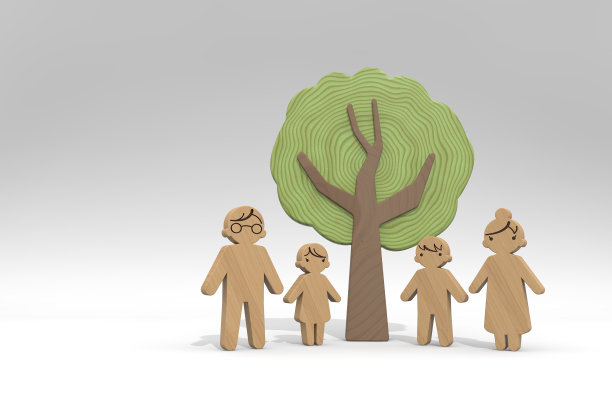 大树和家庭。家庭时间。一个木制的人物。三维渲染图片下载