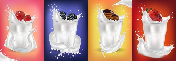 3D逼真的新鲜水果溅。草莓，覆盆子，李子，黑莓。水果鸡尾酒。牛奶、酸奶和水果。牛奶溅。矢量图图片下载