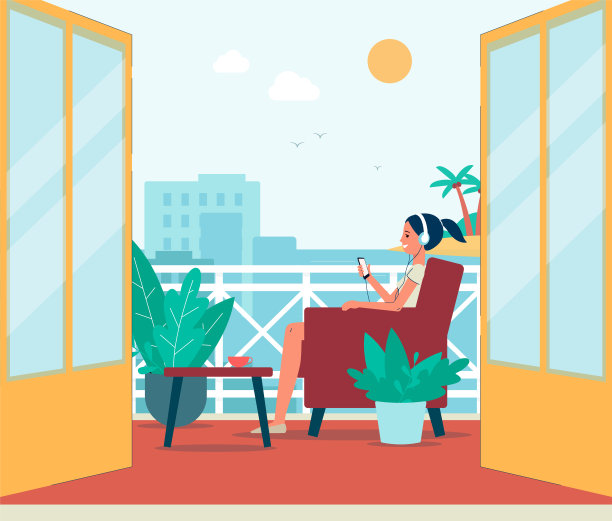 快乐的女孩坐在舒适的阳台上，戴着耳机听音乐。图片下载