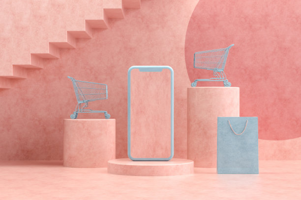 粉色背景购物袋智能手机，简约设计图片下载