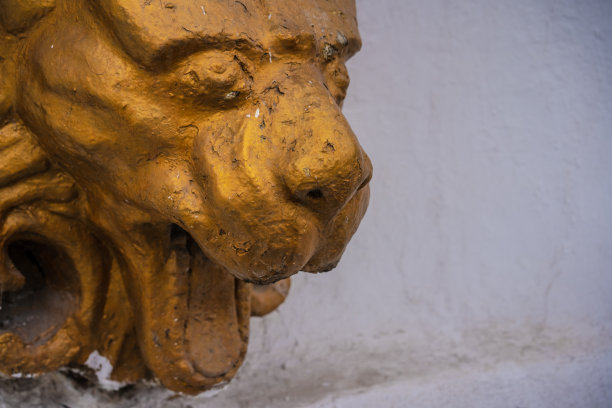 没有水的喷泉。狮子的头。图片下载