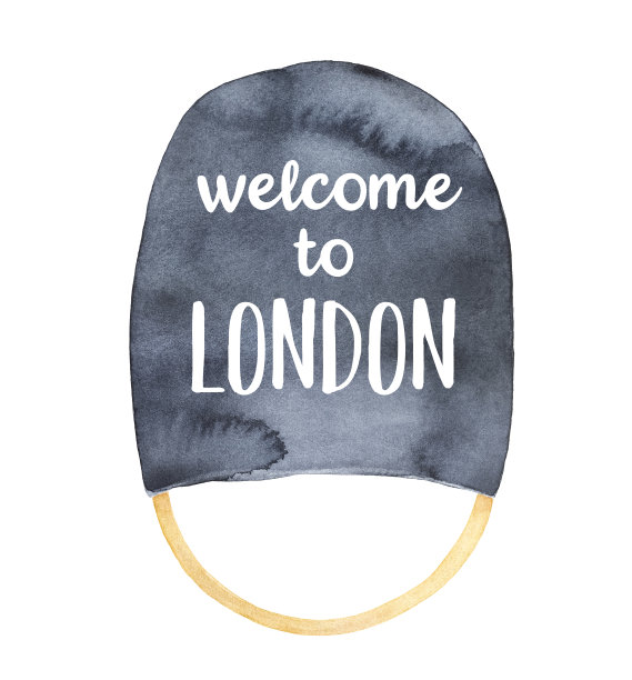 黑色熊皮帽子，上面用英文写着:“欢迎来到伦敦。”手绘水彩艺术绘画的白色，孤立元素的创意设计，旅游明信片，装饰冰箱磁铁。图片下载