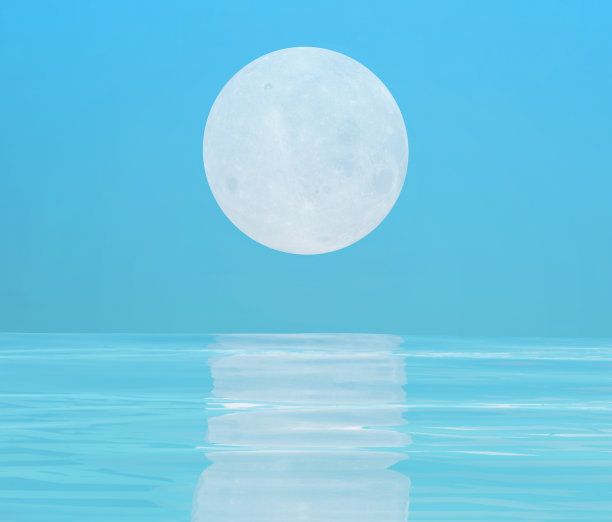 湛蓝的海水上挂着一轮满月。三维演示图片下载