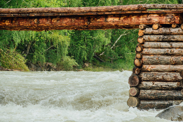 山河上的木桥。穿过快溪的行人通道图片下载