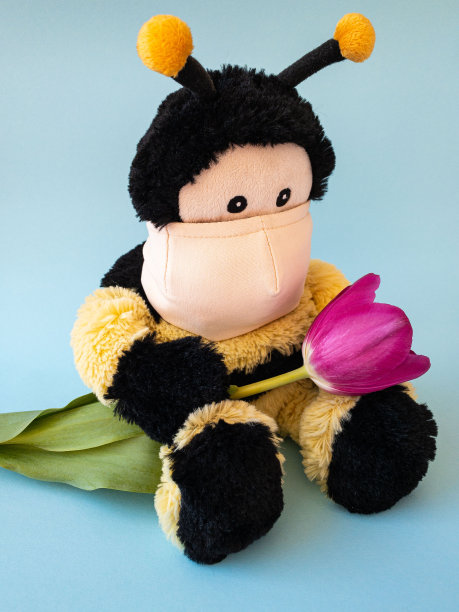 戴防护面罩闻郁金香的可爱蜜蜂图片下载