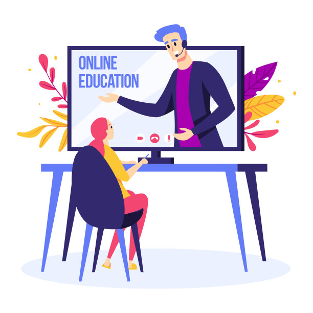 女孩在看在线课程。男老师在电脑屏幕上。在家上学，签在线教育。电子学习。图片下载