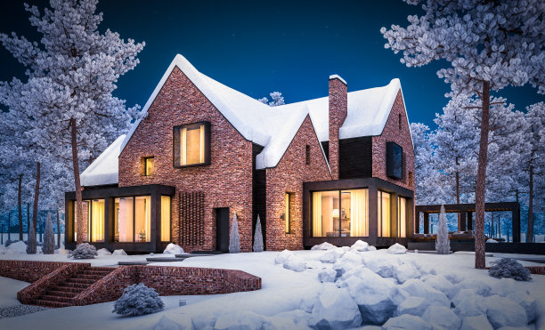 冬夜池塘上现代熟料房的3d渲染图片下载