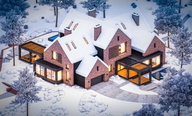 冬夜池塘上现代熟料房的3d渲染图片下载