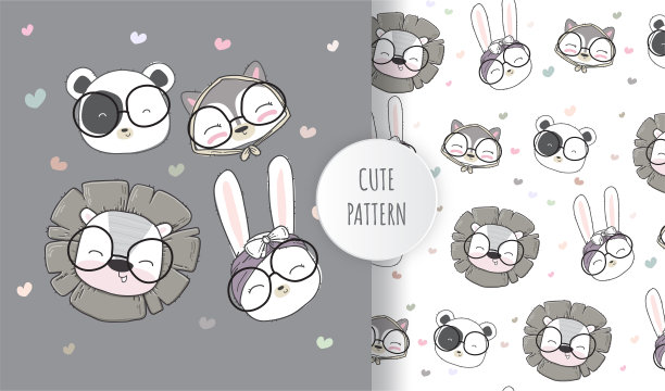 平面无缝图案可爱动物的脸图片下载