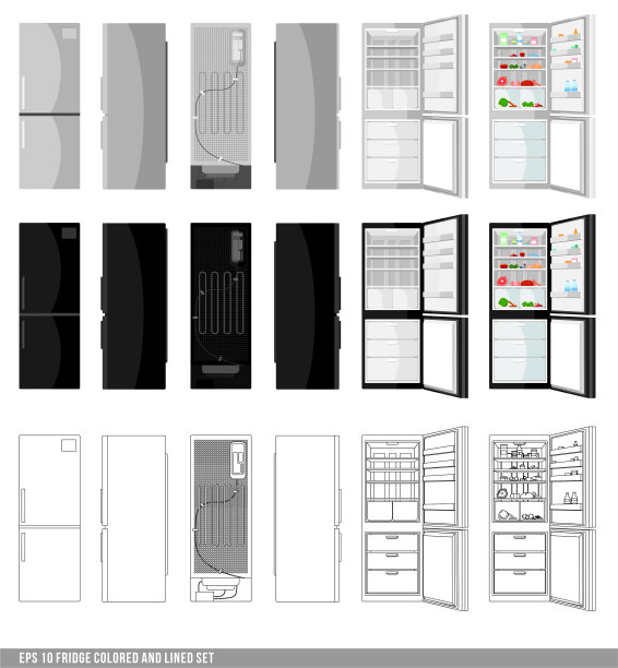冰箱。银色和黑色冰箱与两扇门和玻璃门-矢量插图孤立在白色背景。一组线条和彩色物体。厨房的机器。装满了冷冻的食物。图片下载