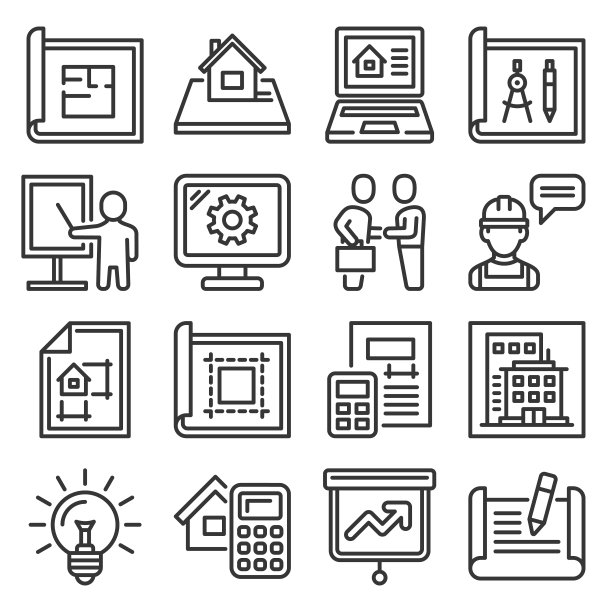 项目和建筑设计图标集。线型向量图片下载