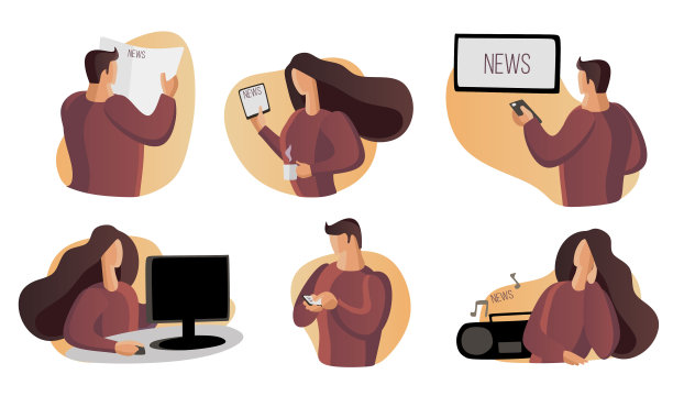 看新闻，在家看新闻，听新闻。看电视，听音乐，读报纸。阅读、观看、倾听。屏幕,显示。平面矢量插图集。平板电脑，手机，电脑。广播图片下载