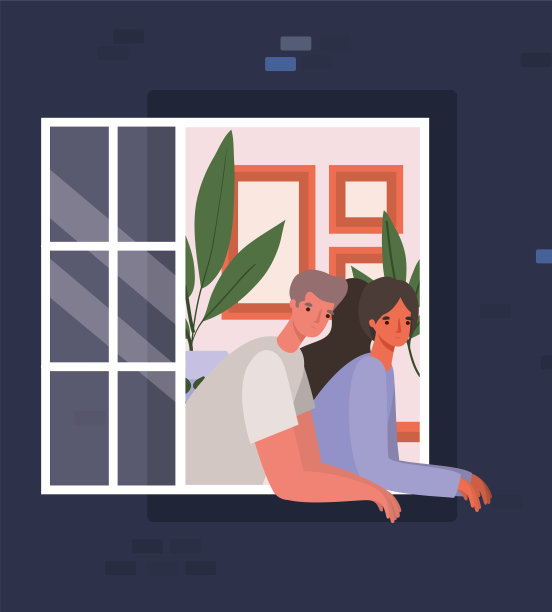 一对夫妇从蓝色的房子矢量设计看窗外图片下载