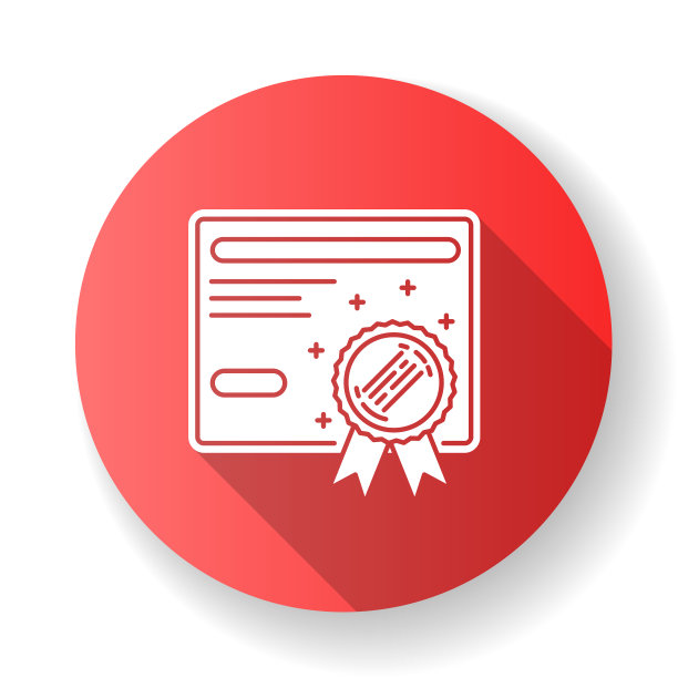 证书红色扁平设计长影子字形图标。文凭。毕业确认。学术文档。学位。教育。成就。奖。公证服务。剪影RGB彩色插图图片下载