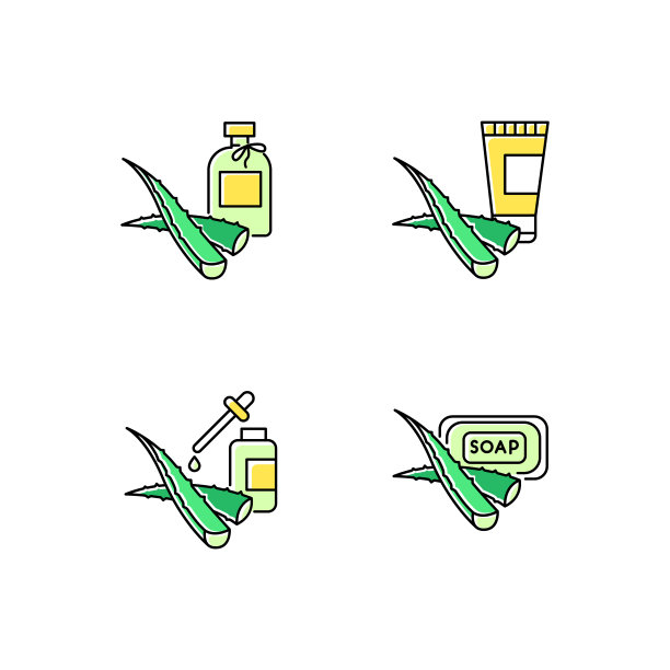 芦荟绿色图标集。石油和血清。天然的化妆品。肥皂洗澡。植物性乳液。药膏。瓶中精华用于皮肤护理。孤立的矢量插图图片下载