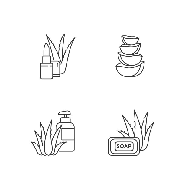 芦荟像素完美线性图标集。含有有机成分的沐浴产品。天然的润唇膏。可自定义细线轮廓符号。孤立矢量大纲插图。可编辑的中风图片下载