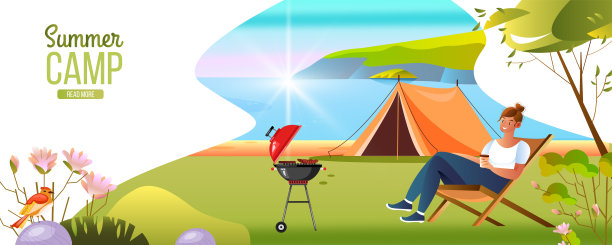 夏令营概念与年轻女性人物休息在帐篷附近。图片下载