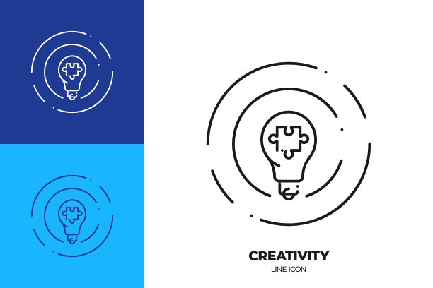 灯泡与拼图片线艺术矢量图标。轮廓符号的创造性解决方案。由细笔画构成的思想象形文字。孤立的背景。图片下载