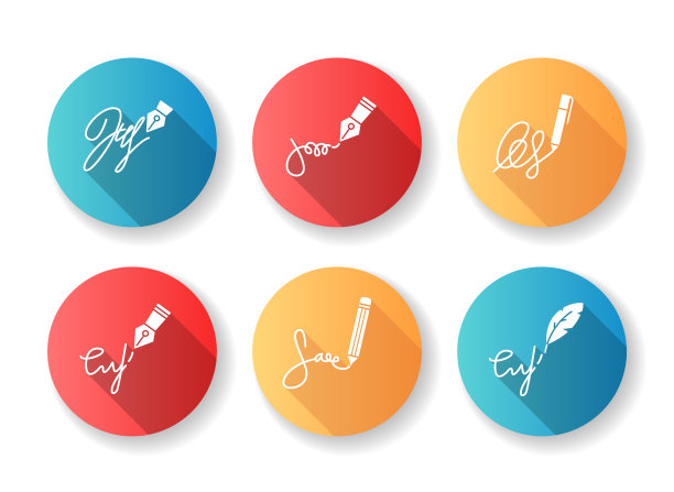 签名平面设计长阴影字形图标集。旁注和合法化。笔迹。签名。身份的证明。同意的证据。公证服务。剪影RGB彩色插图图片下载