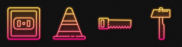 成套手锯，插座，交通锥和锤子。发光的霓虹灯图标。向量图片下载