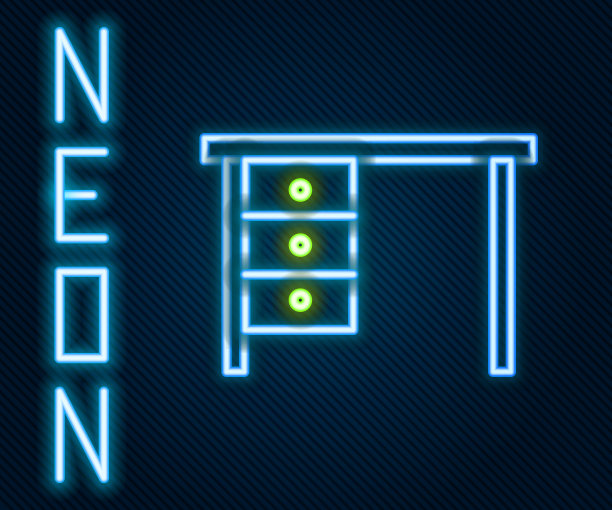 发光的霓虹灯线办公室桌子图标孤立在黑色背景。色彩斑斓的轮廓的概念。矢量图图片下载