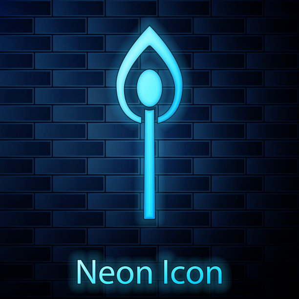 发光的霓虹灯燃烧匹配与火图标隔离在砖墙的背景。匹配用火。匹配的迹象。矢量图图片下载