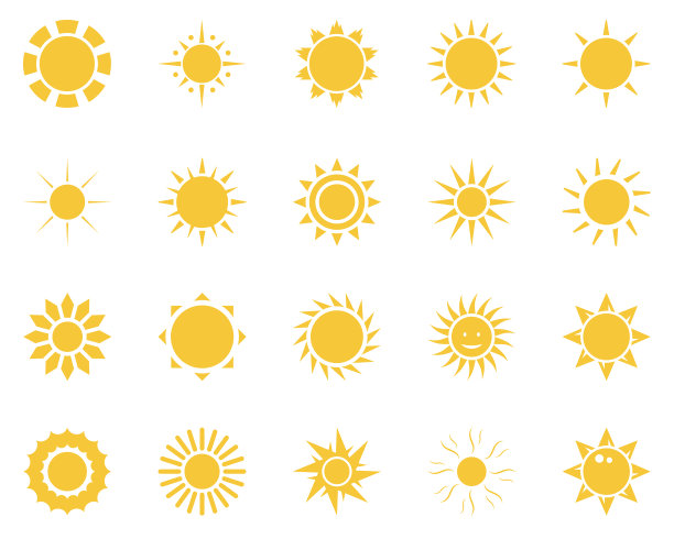 太阳。夏季时间图标设置。太阳的黄色图标，孤立在白色背景上图片下载