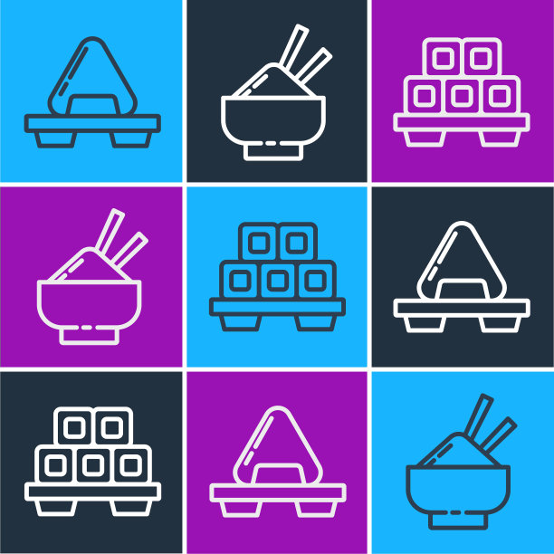 将寿司放在切菜板上，寿司放在切菜板上，米饭放在碗里，碗上有筷子图标。向量图片下载