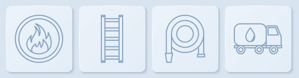 设置消防火苗、消防水龙带卷、消防逃生梯及运水车。白色正方形按钮。向量图片下载