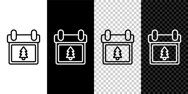 设置线日历与树图标隔离在黑色和白色背景。事件提醒标志。圣诞快乐，恭贺新禧。矢量图图片下载