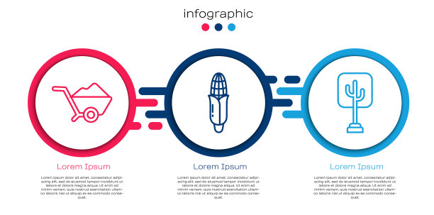 用土，玉米和树设置线手推车。业务信息模板。向量图片下载